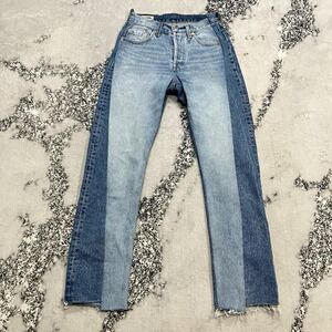 Levis Premium Two Tone Jeans Womens 25W Colorblock Raw Hem Straight Denim Blue